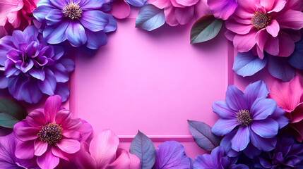 Pink and purple floral arrangement creating a border on a pink backdrop with room for text