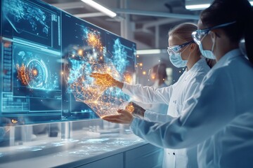 A group of engineers analyzing metaverse big data projections on multiple holographic screens in a modern biotech laboratory