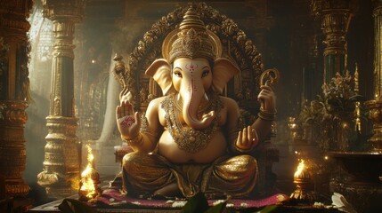 Fototapeta premium Majestic virtual Ganesha bathed in divine light, surrounded by shimmering gold ornaments and luxurious fabrics.