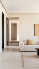 Fototapeta premium Minimalist living room interior with beige tones and natural light in a modern home