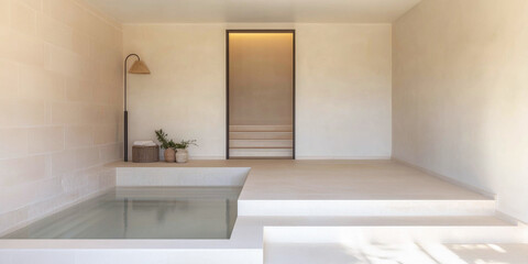 Tranquil interior of a modern minimalist room with a small indoor pool and soft lighting