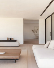 Fototapeta premium Modern minimalist living room with natural light and neutral colors, featuring a wooden coffee table and simple decor elements