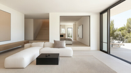 Fototapeta premium Modern minimalist living room with expansive windows and neutral decor in a contemporary house setting