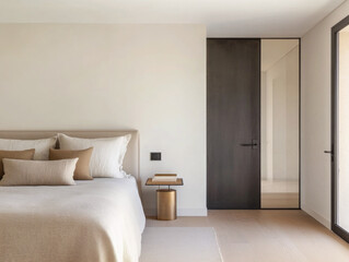 Modern bedroom interior featuring neutral tones, minimalist decor, and a cozy atmosphere in a contemporary residence
