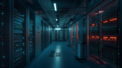 Dark server room filled with rows of illuminated servers and network equipment at night