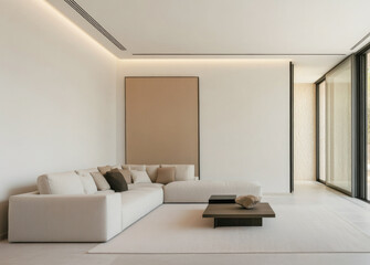 Modern minimalist living room with neutral tones and natural light streaming through large glass windows