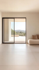Obraz premium Modern minimalist living room with expansive sliding doors showcasing a serene landscape during daylight hours