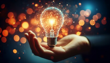 Glowing bulb held in hand, illuminating ideas and inspiring innovation