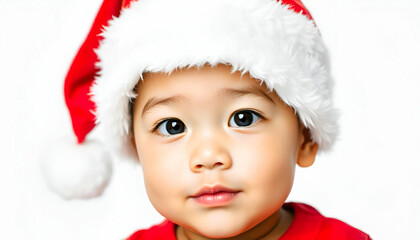 A young Asian baby boy wearing a red Santa hat is looking directly at the camera, white background