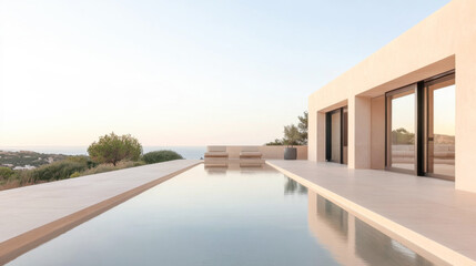 Modern villa with an infinity pool overlooking scenic landscape at dusk in a serene, coastal location