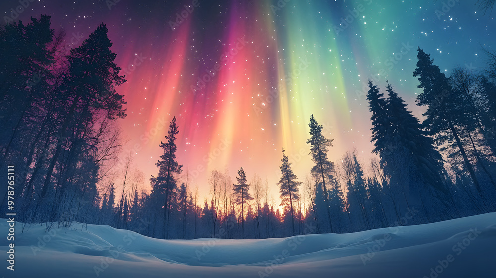 Sticker a colorful aurora bore is in the sky above a snowy forest. generative ai