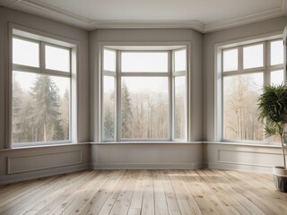 Fototapeta premium Empty Room with Large Windows and Wooden Floor