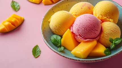 Mango and strawberry ice cream scoops served with mango slices and mint leaves on a blue plate.
