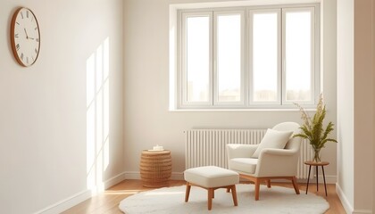 White Armchair and Ottoman in a Minimalist Living Room with a Large Window