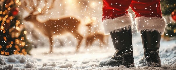 A cozy winter scene featuring Santa's boots in snow, with reindeer silhouettes and festive decorations in the background.