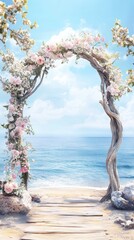 Fototapeta premium Beautiful beach wedding arch adorned with flowers, set against a clear blue sky and ocean backdrop, perfect for romantic ceremonies.