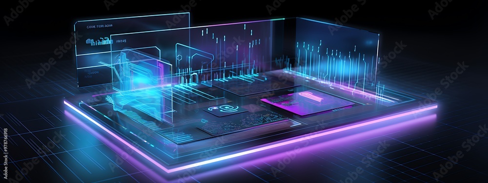 Poster abstract futuristic digital data visualization with glowing blue and purple elements