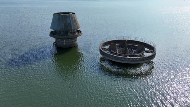 Concrete overflow Bewl water Kent largest reservoir, southeast England, drone,aerial