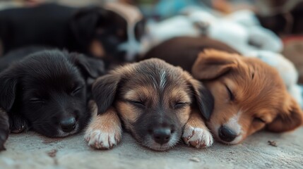 A heartwarming scene of playful homeless puppies unfolds in a quiet, open space.