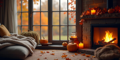 Cozy autumn interior with fireplace and seasonal decor