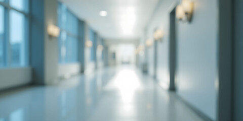 Fototapeta premium Blurred modern hospital hallway with glass partitions