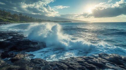 Naklejka premium Waves crashing against the rocky shoreline of Kauai, Hawaii, sending up sprays of white foam as they meet the rugged coast.