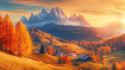 Obraz premium Autumnal panorama of Cortina d'Ampezzo's outskirts. Stunning dawn over the Dolomite Alps, Italy. Countryside backdrop showcasing nature's beauty.