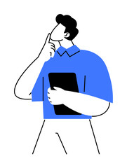 A person, wearing a blue shirt, holds a tablet in one hand while the other hand touches their chin. Ideal for business, technology, decision-making, analysis, pondering, and creative thinking themes.