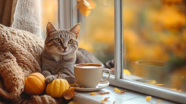Autumnal scene with a charming cat and hot coffee on a vintage windowsill, reflecting the cozy fall mood and home decor.