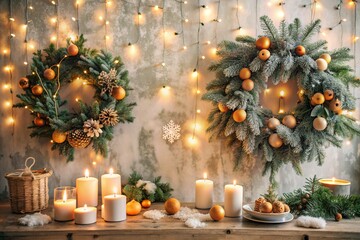 The concept of New Year and Christmas. The warmth of the house in cold weather. Fir branches, tangerines, cones and candles on the background of a beautiful bokeh in the interior of the living room.