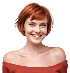 Obraz premium portrait of a smiling woman with red hair wearing red shirt isolated on transparent background