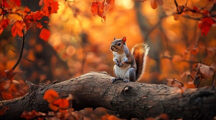 Autumn's vibrant hues frame a portrait of a squirrel amidst the forest's tranquility.