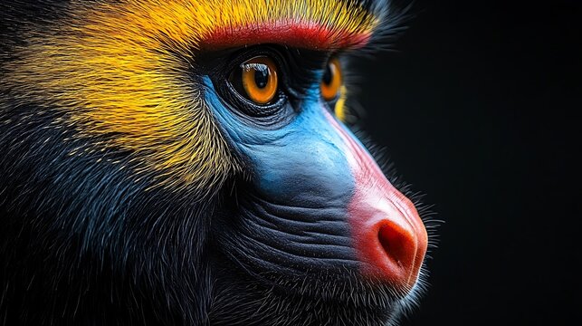 Close-up portrait of a Mandrill monkey with colorful face and fur against a black background.