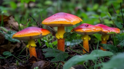 Fototapeta premium Basidiomycetes flourishing in the undergrowth of a verdant forest, their vibrant colors contrasting against the muted backdrop of nature's canvas.