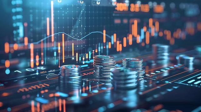 Close-up of stacked coins on digital screen with stock market charts for financial growth investment strategies and economic progress business concept.