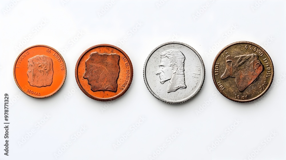 Poster symmetrically displayed diverse global coins on white background