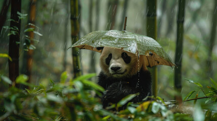 Obraz premium Adorable panda tilts in bamboo forest, clutching a leaf as an umbrella, symbolizing human-nature harmony amidst rain.