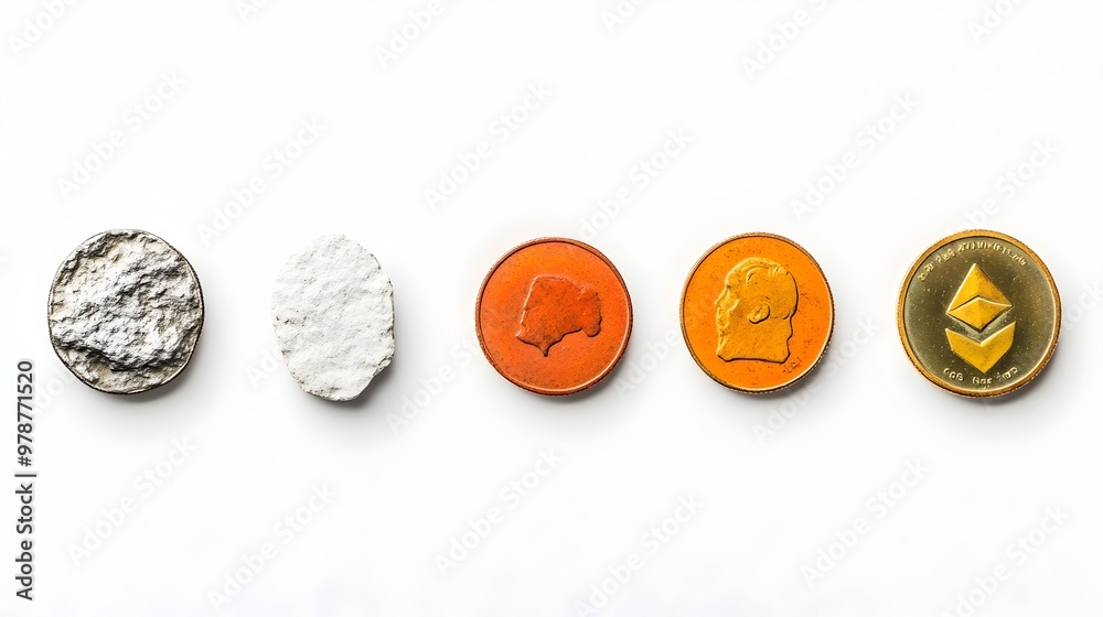 Poster variety of coins from multiple countries displayed symmetrically on white background