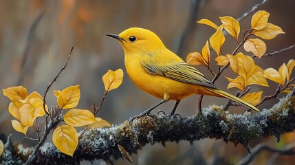 A bright yellow bird perched on a branch with yellow leaves in the background.