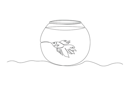recommend clip art: Fish Bowl one-line art drawing. Fish in fish bowl continuous outline vector.