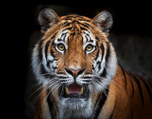 front view of ferocious looking Tiger animal looking at the camera with mouth open 
