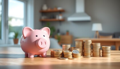 Piggy Bank and Stacked Coins on a Wooden Table