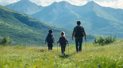 Obraz premium A family of three is walking through a field of flowers