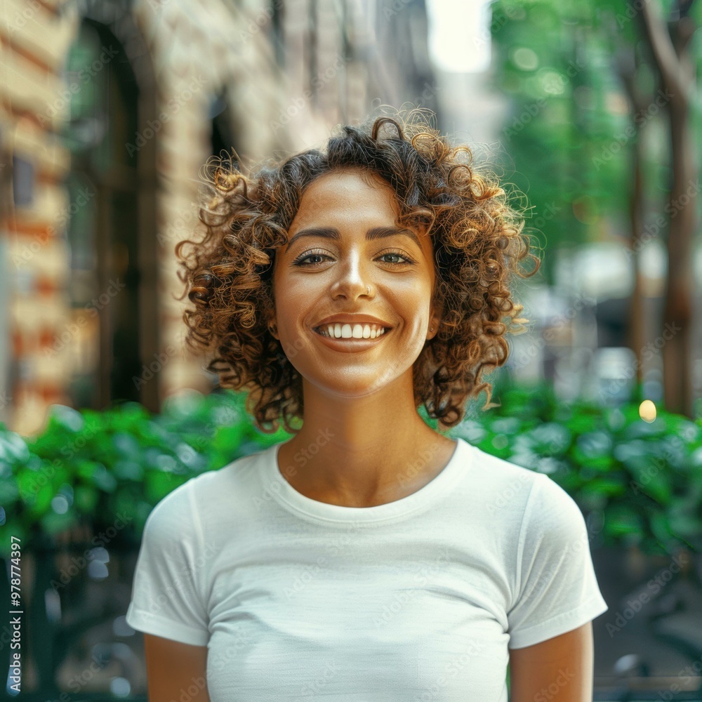 Canvas Prints A woman with curly hair smiles warmly. AI.