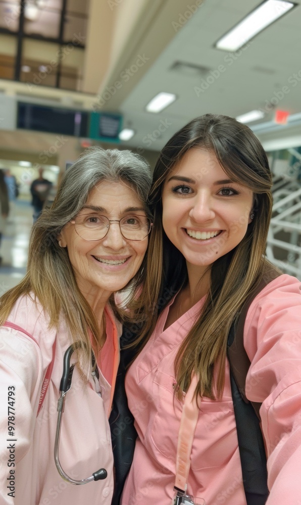 Wall mural Two women in pink scrubs smiling at the camera. AI.