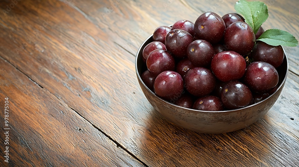 Poster top view of fresh plums blackthorns in a round metallic bowl on rustic wooden table : generative ai