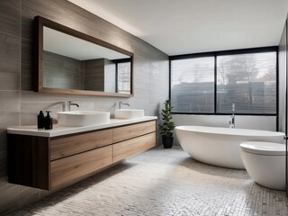 Modern Bathroom with Double Sinks, Freestanding Tub, and Wooden Vanity