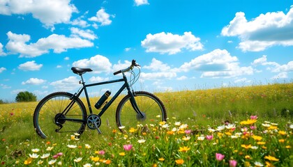 Naklejka premium Bicycle Parked in a Field of Wildflowers Under a Blue Sky