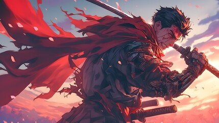 ninja with samurai sword depicted in bold artistic style with his samurai Fashion Finger Brush strokes, ninja, samurai, cartoon style