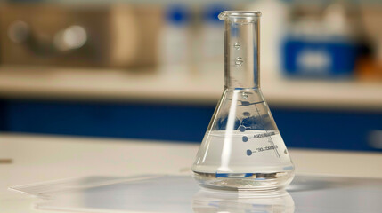 Close-up of glass beaker with clear liquid and floating indicator showing high lead levels, set on white countertop with copy space for text or design